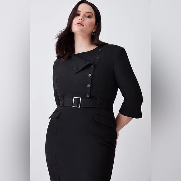 Karen Millen Plus Structured Crepe Strong Shoulder Dress Black 14 - Picture 2 of 11